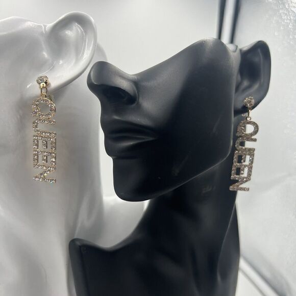 Queen Earrings Dangle Rhinestone Pierced Long But Not Heavy! Sparkle Gold Tone - Picture 2 of 8